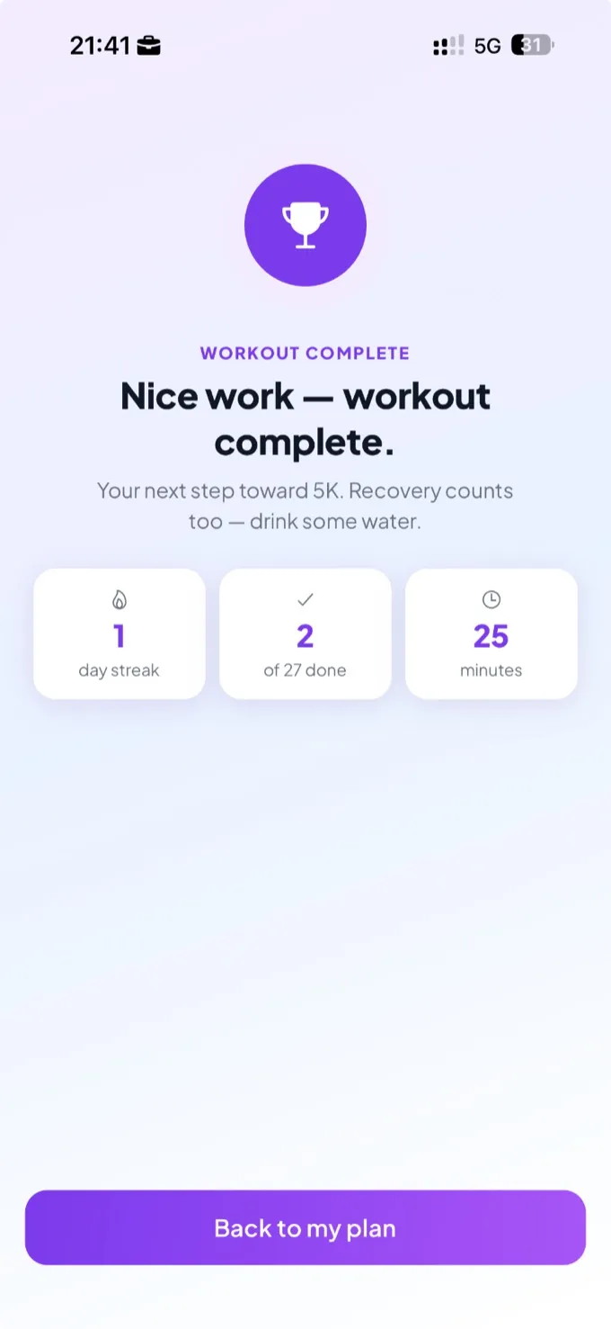 A finished Pace workout, saved to history, showing the next session up next