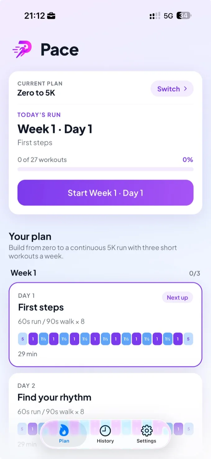 The Pace home screen showing a Couch to 5K plan with Week 1, Day 1 ready to start